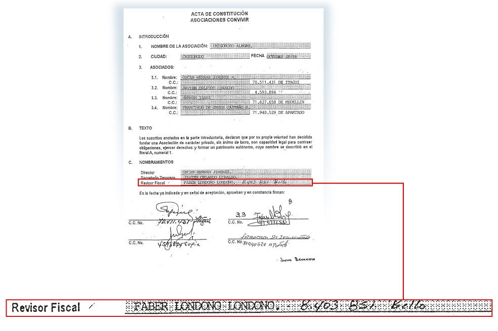 En el acta de constitución de la convivir Chigorodó Alegre figura como revisor fiscal Faber Leonel Londoño Londoño, cercano a Raúl Hasbún.