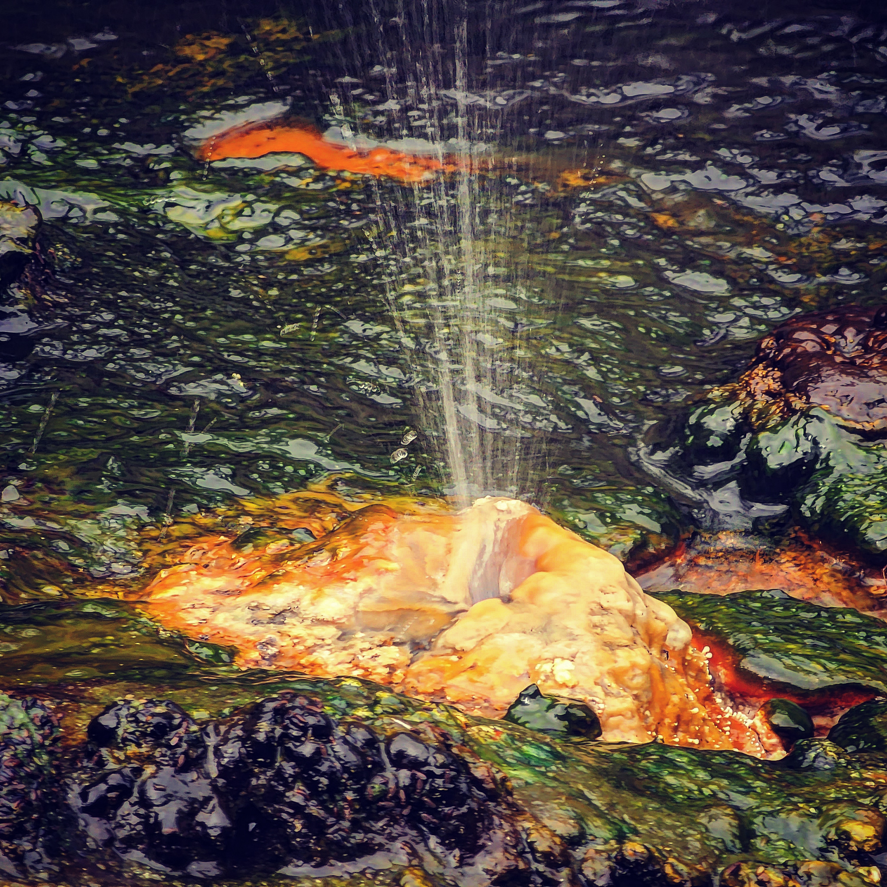 En las zonas geotérmicas se pueden ver manifestaciones termales naturales como esta, en donde el agua se encuentra a 100 °C. Como tiene vapor, este le induce presión haciendo que salga un chorro de agua en la superficie.