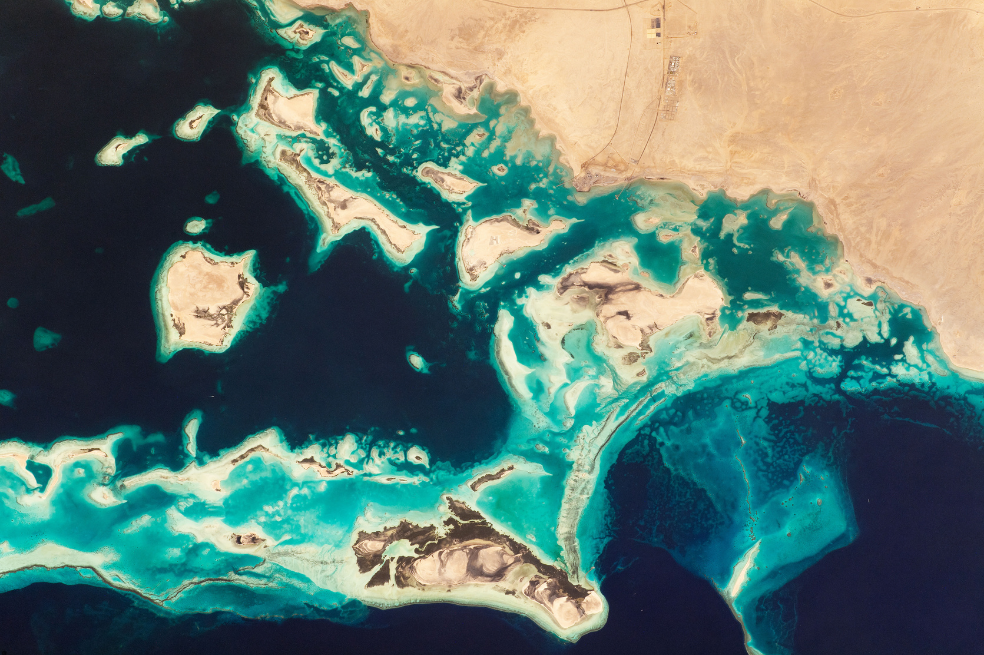 Las "Selvas tropicales del Mar Rojo" fueron unas de las finalistas de la categoría de Agua. Desde la Estación Espacial Internacional (ISS), un astronauta capturó esta vista de la costa noroeste de Arabia Saudita, donde prosperan hasta 260 especies de arrecifes de coral.