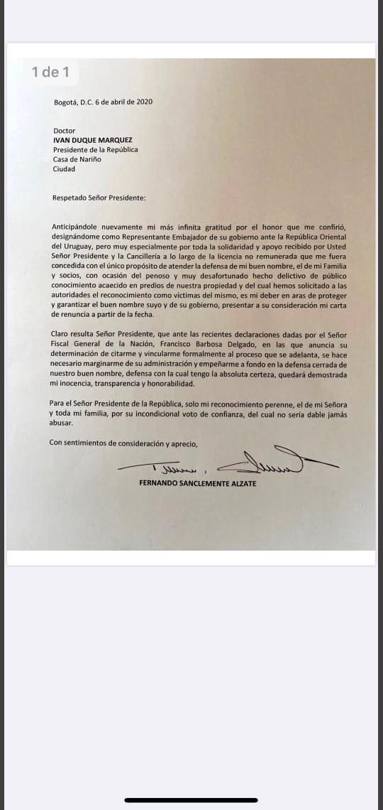 Sanclemente deberá explicar por qué no se percató de las operaciones ilícitas en su propiedad. Su defensa ha declarado que está desconcertado por los señalamientos que le hizo el fiscal Barbosa, y añadió que la Fiscalía no tiene pruebas en su contra y que el embajador no ejercía dominio sobre el predio en donde estaba funcionado el laboratorio.
