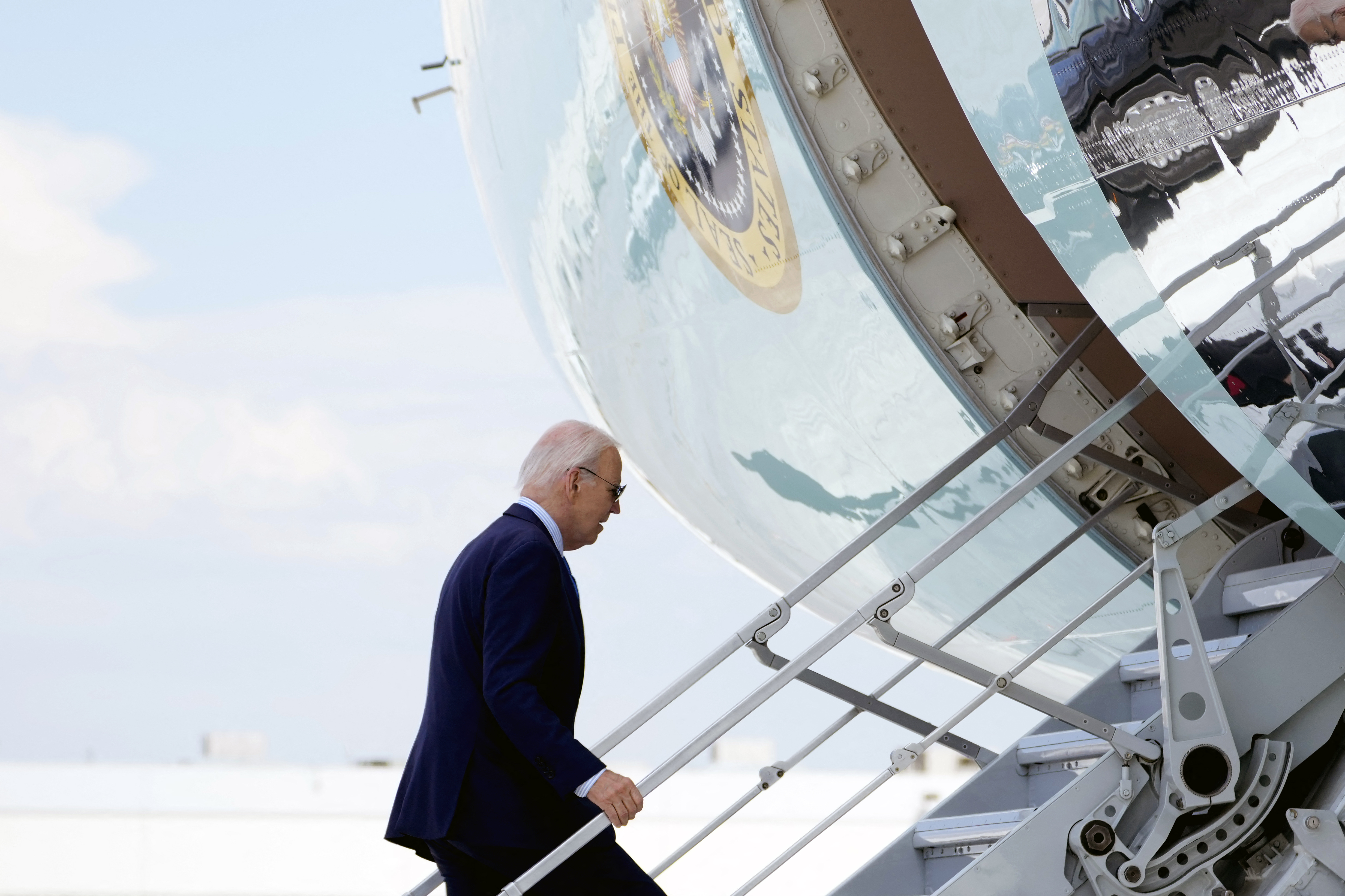 US President Joe Biden boards Air Force One as he departs Harry Reid International Airport in Las Vegas, Nevada, on July 17, 2024, en route to Delaware.