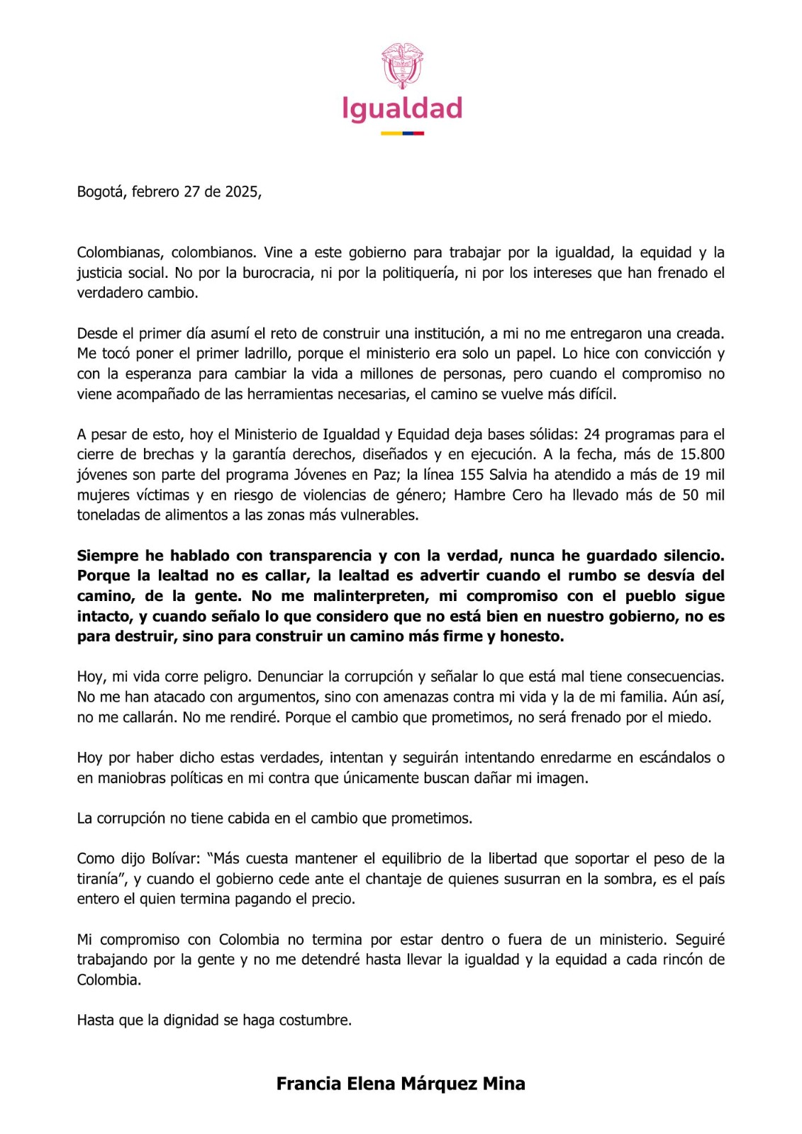 La carta enviada por la vicepresidenta Francia Márquez ante su salida del Minigualdad.