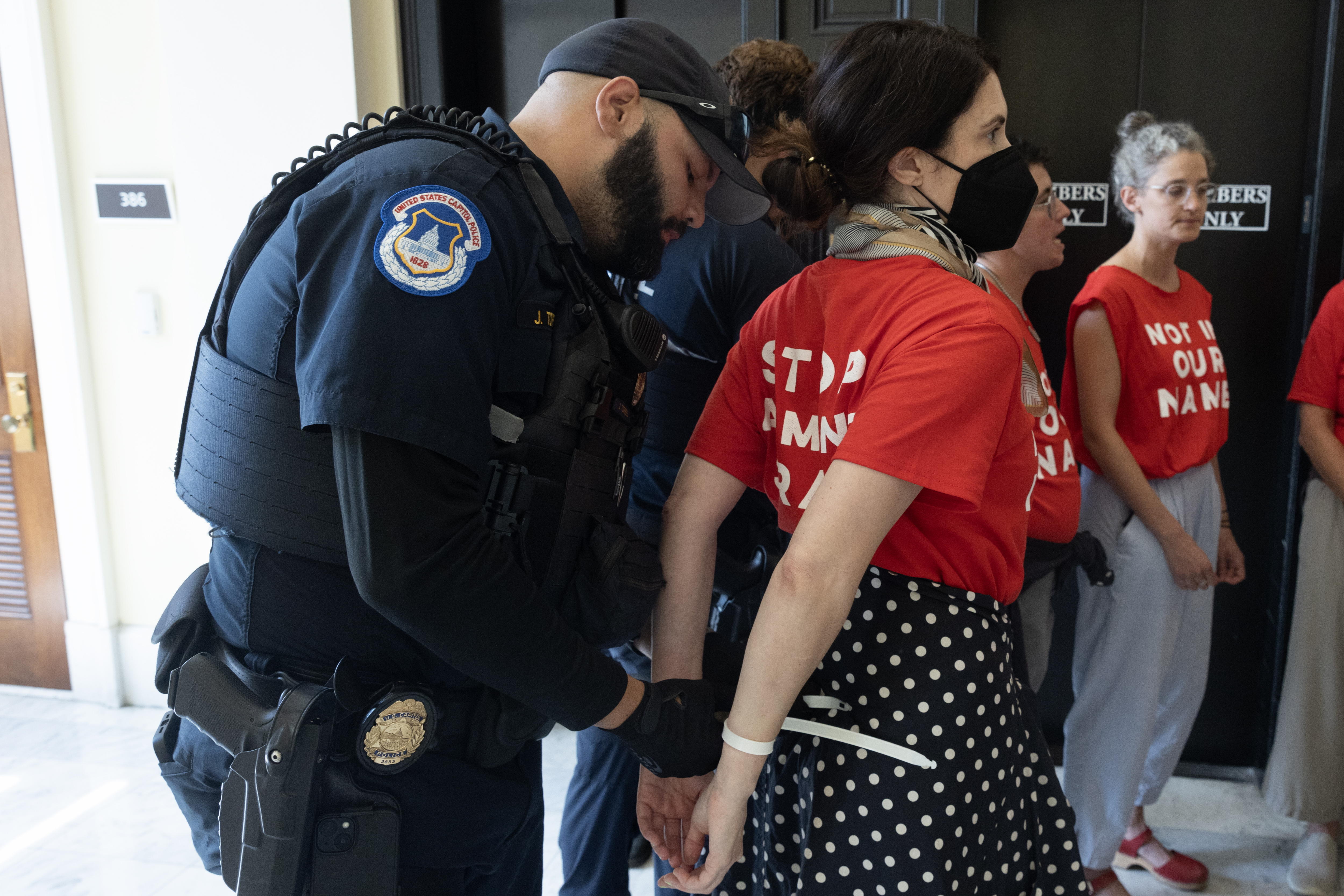 Washington (United States), 23/07/2024.- Pro-Palestinian demonstrators are removed by United States Capitol Police while protesting in the Cannon House Office Building on the eve of the visit of Prime Minister of Israel Benjamin Netanyahu, on Capitol Hill in Washington, DC, USA, 23 July 2024. Prime Minister of Israel Benjamin Netanyahu will address a joint meeting of the US Congress and large protests are expected. (Protestas, Estados Unidos) EFE/EPA/MICHAEL REYNOLDS