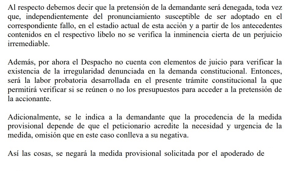 Auto que avoca y niega la medida de protección provisional.