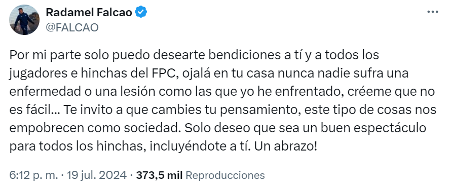 Falcao responde a seguidor