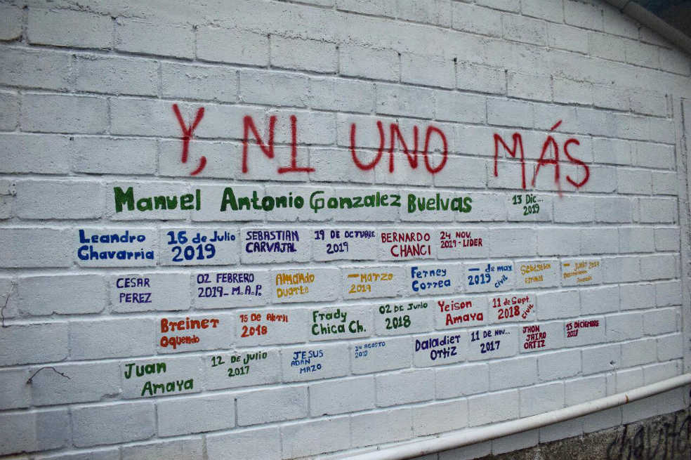También quedaron marcados los nombres de Breiner Oquendo, asesinado el 15 de abril de 2018; Frady Chica, muerto el 2 de junio de 2018; Juan Amaya (12 de julio de 2017); Jesús Adán Mazo (24 de agosto de 2017); Daladier Ortiz (11 de noviembre de 2017); Jhon Jairo Ortiz (13 de diciembre de 2017).