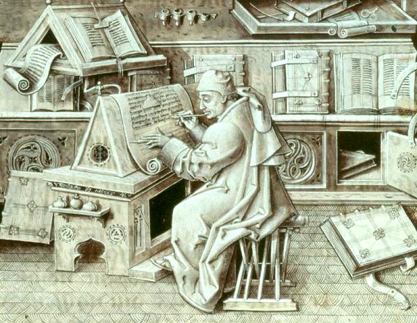 Representación medieval de un monje trabajando en un scriptorium monástico.