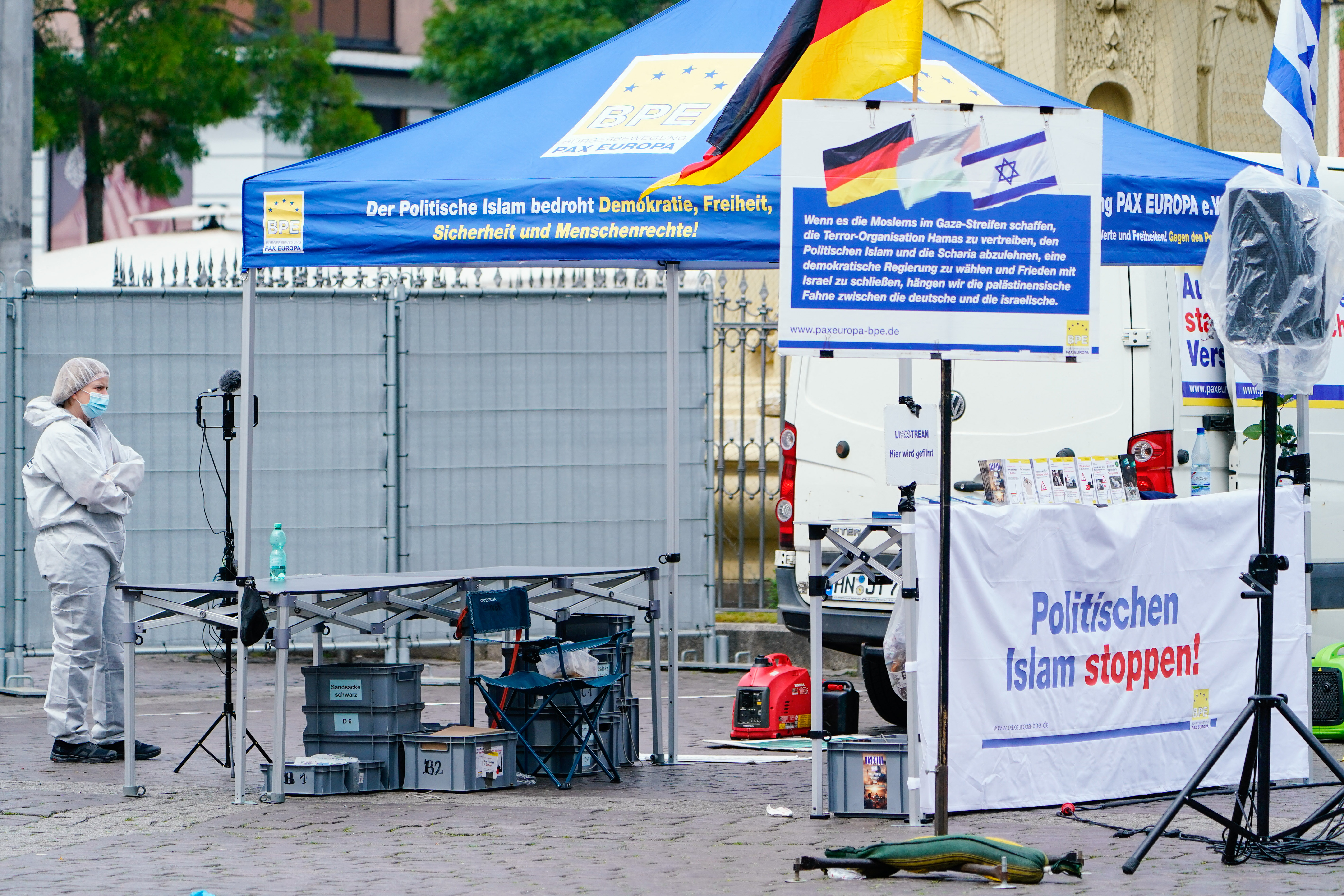 A forensic expert of the police works at the scene after several people were injured in a knife attack on May 31, 2024 in Mannheim, western Germany.