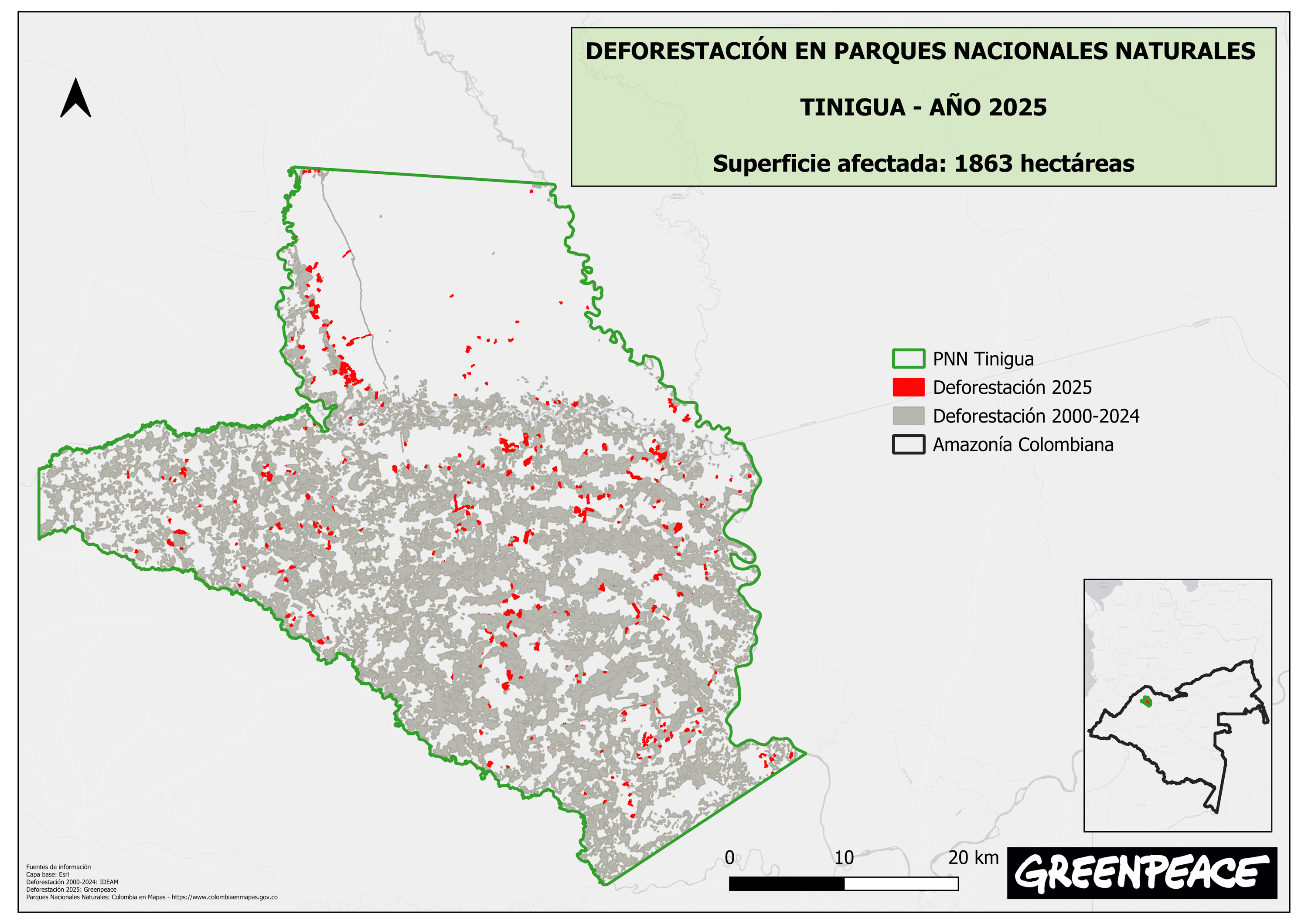 Durante 2025, Greenpeace realizó un monitoreo satelital en Sierra de La Macarena, Serranía de Chiribiquete y Tinigua, tres de los Parques Nacionales Naturales afectados históricamente por la deforestación.