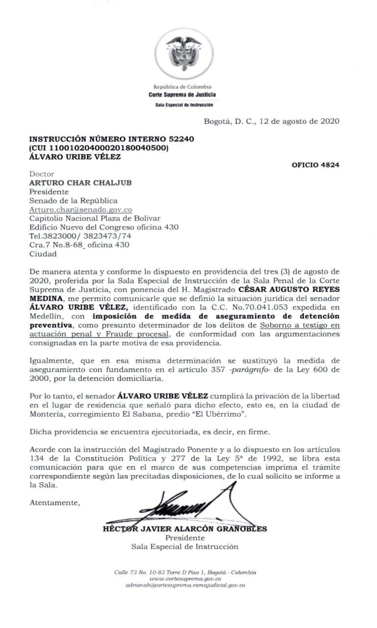 La Corte Suprema notificó al Senado la decisión de dictar medida de aseguramiento en su contra.