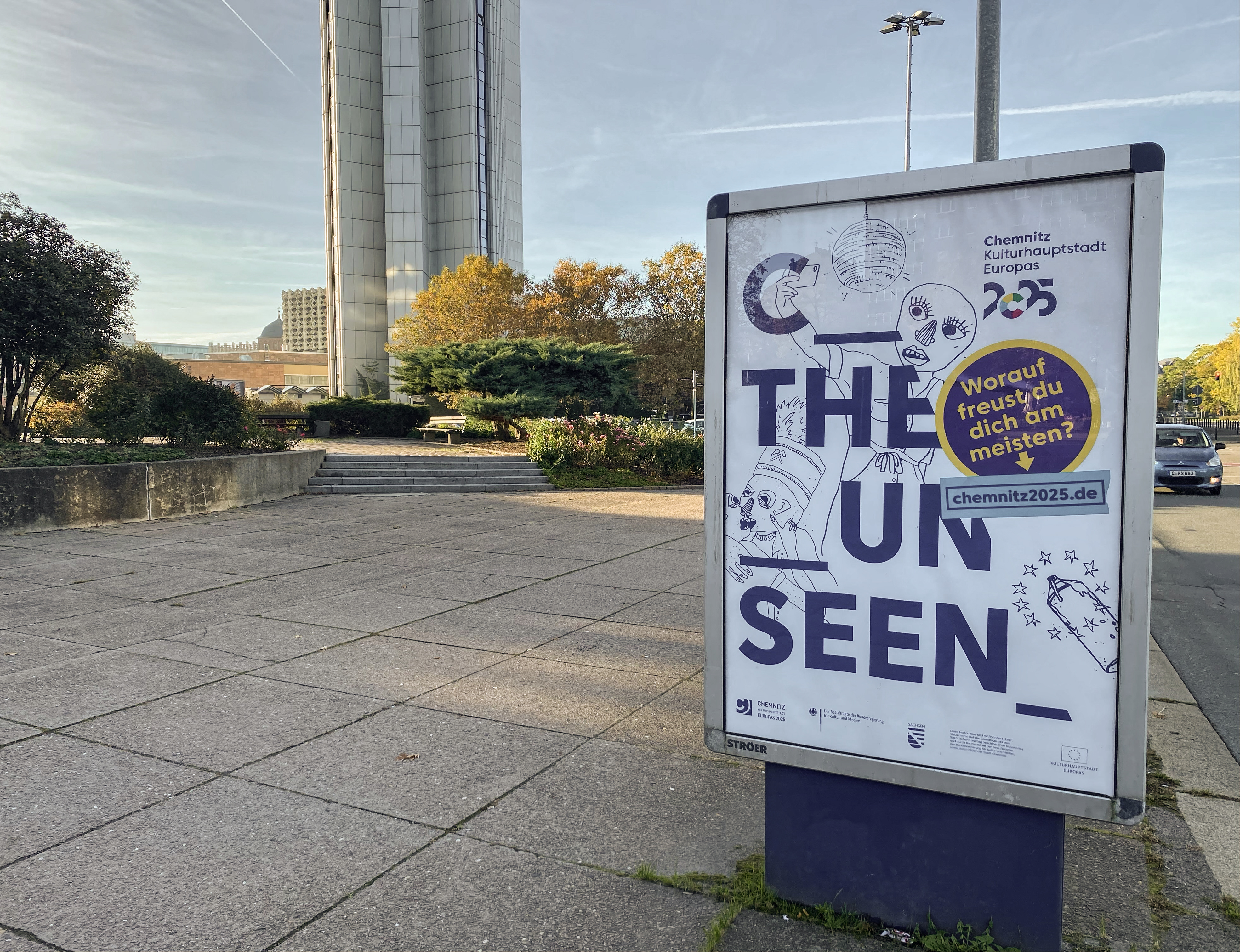 A poster advertising Chemnitz's year as European Capital of Culture is seen in Chemnitz, eastern Germany, on October 26, 2024.