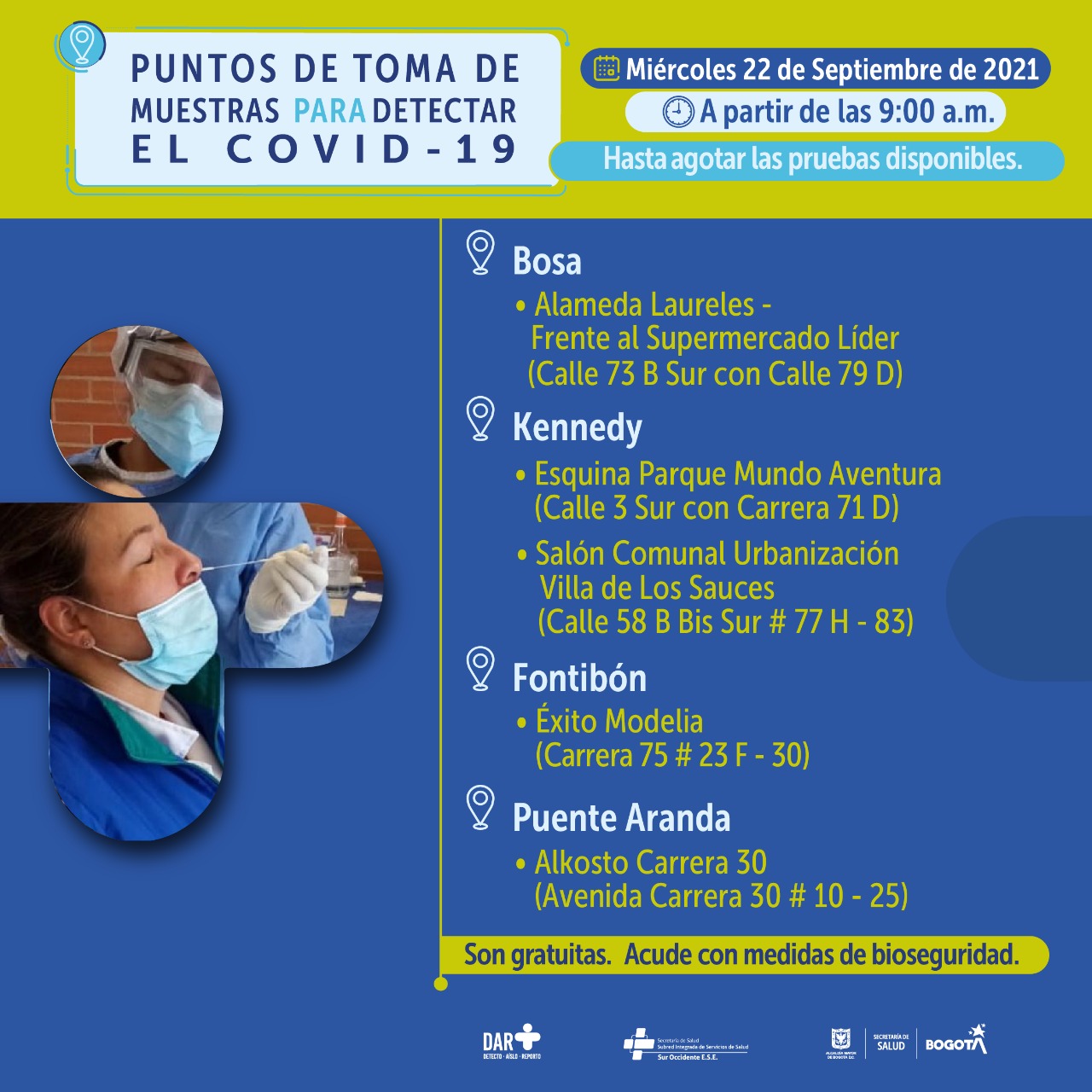 ¿Dónde hay pruebas gratuitas para Covid-19 este miércoles en Bogotá?