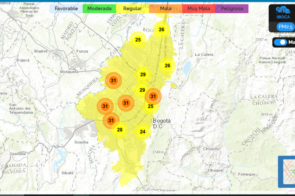 Incendios en la Orinoquía colombo-venezolana y en el valle del Magdalena impactan la calidad del aire en Bogotá por transporte de material particulado. A las 12m se encuentran 9 estaciones en condición regular y 4 en mala, según el IBOCA. Gráficas muestran la situación: pic.twitter.com/vQOQBfkzJz