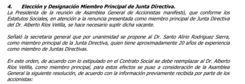Fragmento del acta de la empresa Air-e que da cuenta de que Alberto Ríos Velilla renunció a la junta directiva, en agosto de 2024.