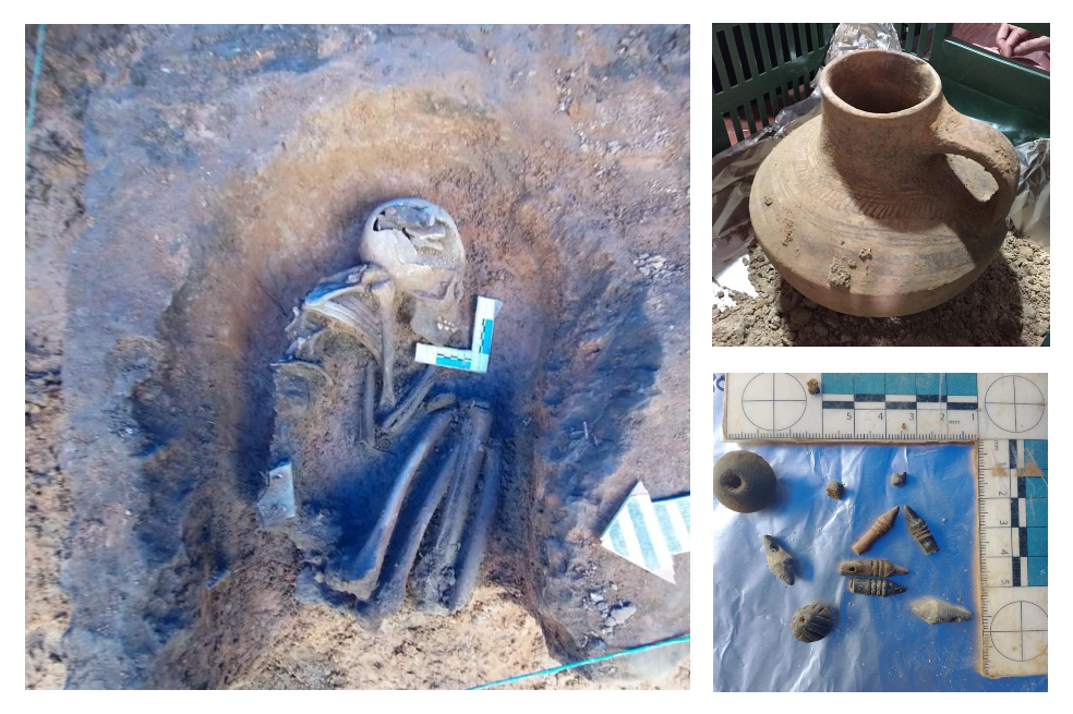 un cuerpo, una vasija y cerámicas encontradas en excavación arqueológica.