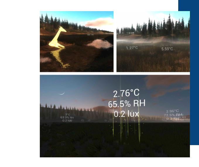Renders de Don Derek Haddad del paisaje virtual de Tidmarsh hechos con la aplicación DoppelMarsh, que muestra datos de sensores en tiempo real a modo de texto superpuesto, densidades de lluvia y niebla virtuales que replican la sensación atmosférica (arriba a la derecha), un animal virtual «alimentándose» de datos generados por sensores para ilustrar visualmente el historial del entorno (arriba a la izquierda) y un nodo sensor que sube datos al atardecer (abajo).