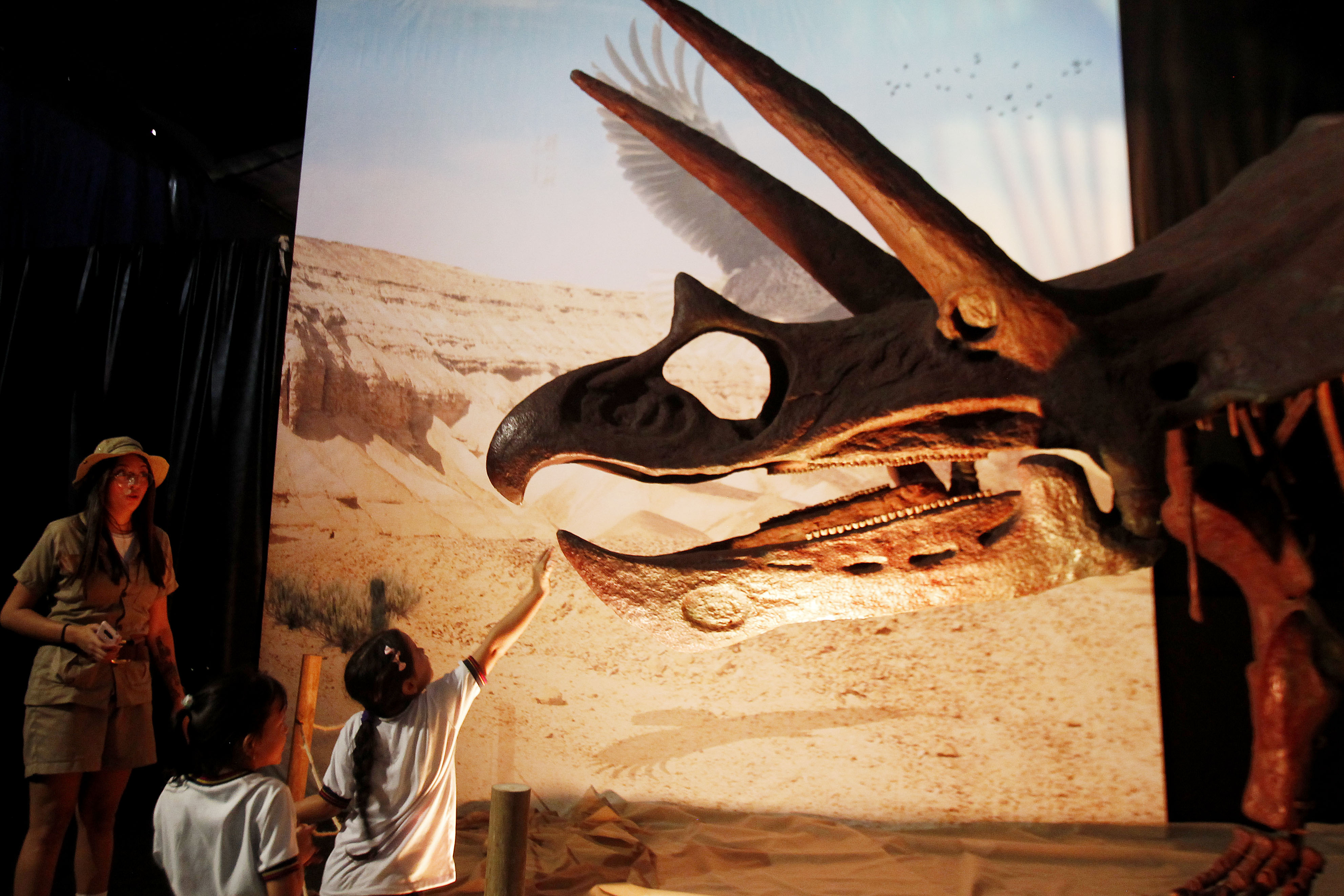 MED102. MEDELLÍN (COLOMBIA), 11/02/2023.- Niños asisten a la exhibición "Dinosaurios y Dragones fantásticos", el 10 de febrero de 2023, en Medellín (Colombia). "Dinosaurios y Dragones Fantásticos", considerado el tour animatrónico más grande de Latinoamérica, inició este sábado en Medellín un viaje prehistórico y mitológico con más de 30 figuras que simulan el aspecto y comportamiento estas criaturas. EFE/ Luis Eduardo Noriega A.