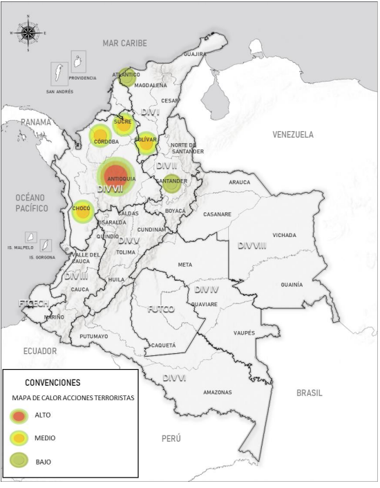 Mapa de calor de ataques terroristas en el último mes.
