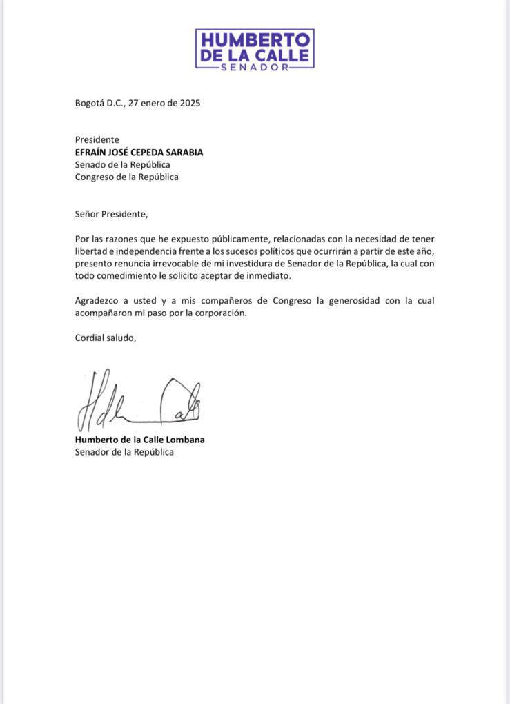 La carta de renuncia del senador Humberto de la Calle.