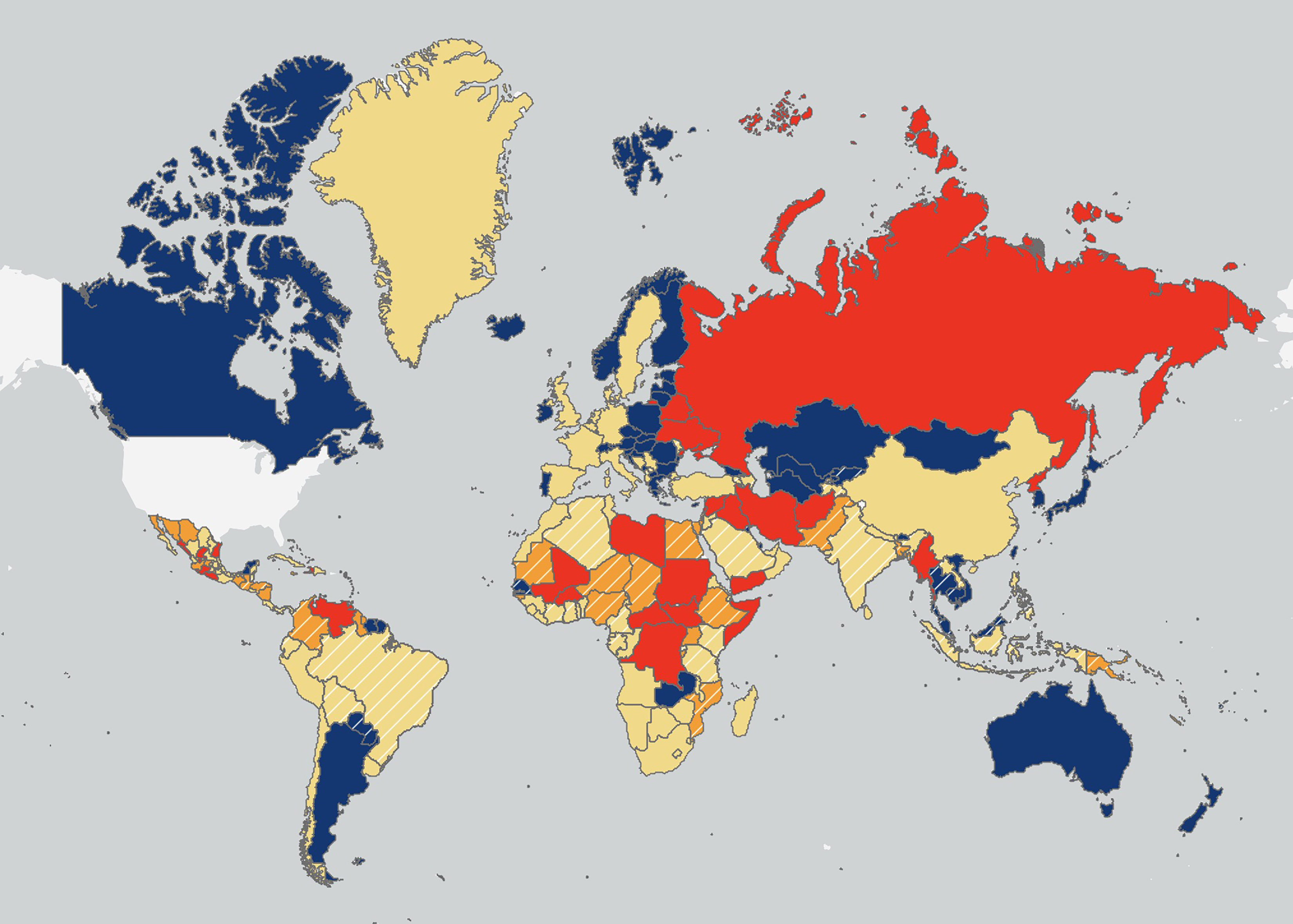 Una captura de pantalla de un mapa mundial del sitio web de alertas de viaje del Departamento de Estado muestra la evaluación gubernamental del riesgo de viajar a cada lugar.