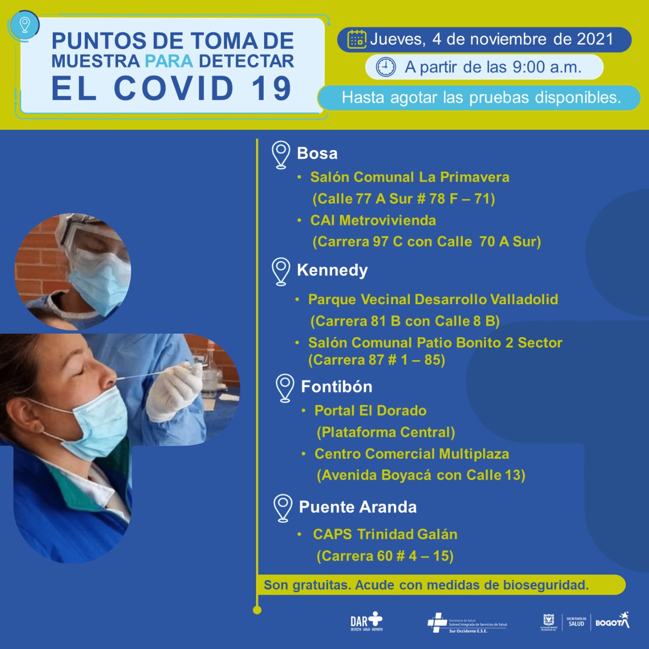 ¿Dónde hay pruebas gratuitas para Covid-19 este jueves en Bogotá?