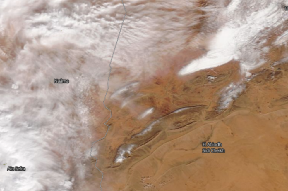 Imagen satelital de Ain Sefra (Argelia) durante la nevada. / Nasa Worldview