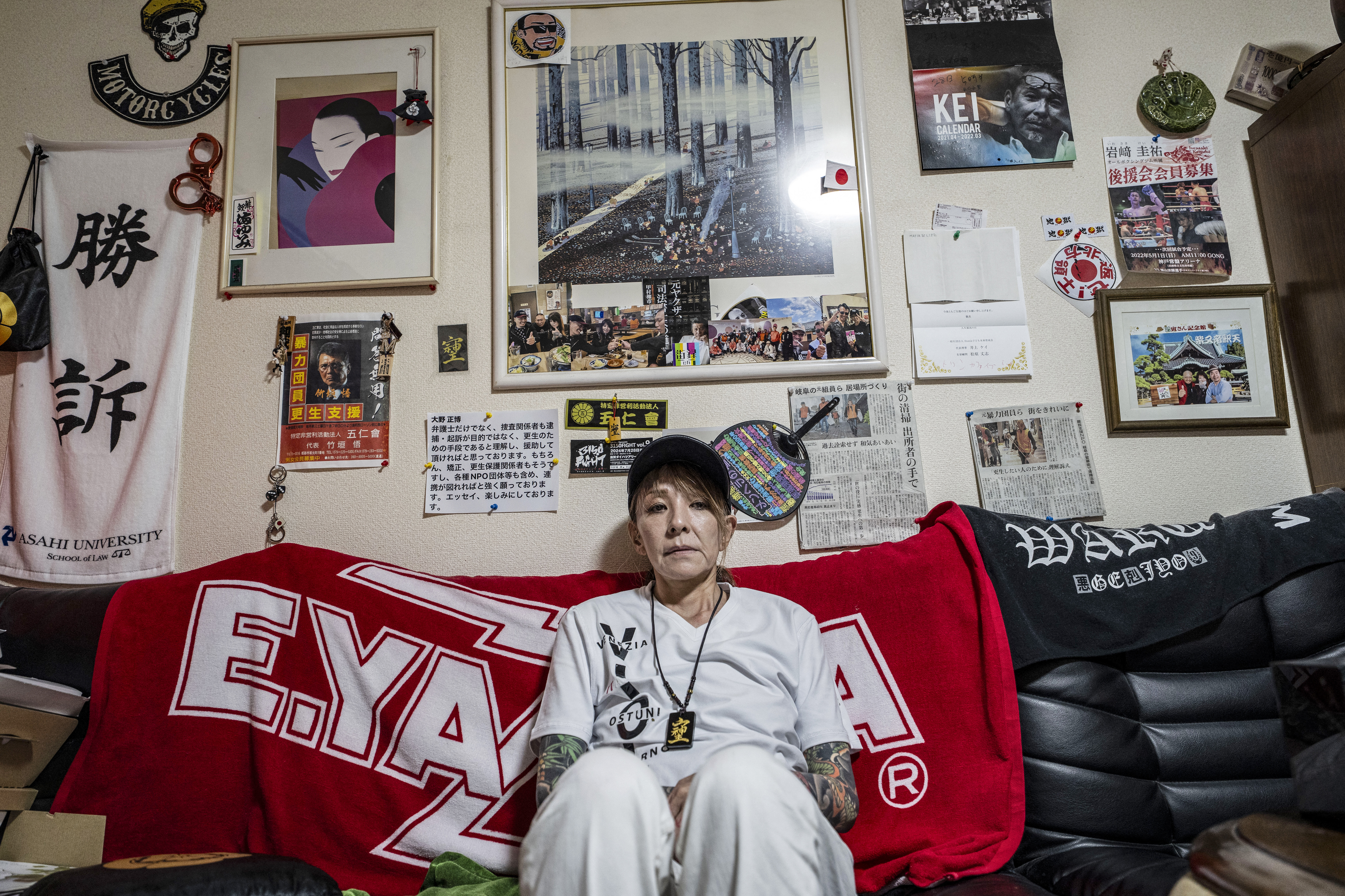 In this photograph taken on September 28, 2025, retired yakuza Mako Nishimura poses during an interview with AFP at her residence in Gifu.