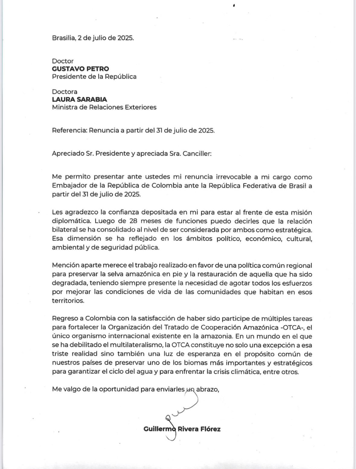 Guillermo Rivera renuncia