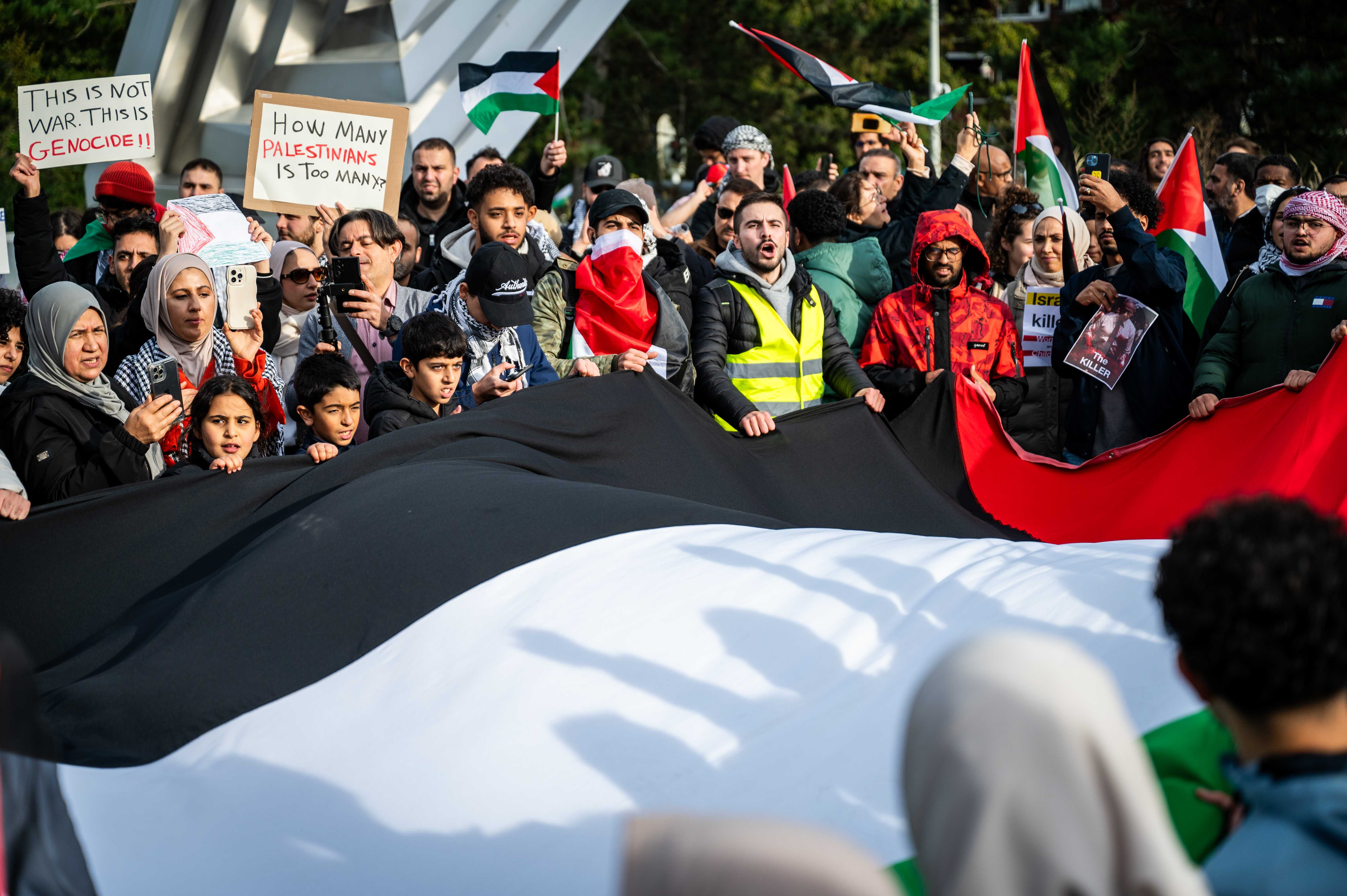 The Hague (Netherlands), 18/10/2023.- Demonstrators with Palestinian flags protest outside the International Criminal Court to show support for Palestinians in the Gaza Strip, in The Hague, Netherlands, 18 October 2023. Thousands of Israelis and Palestinians have been killed since the militant group Hamas launched an unprecedented attack on Israel from the Gaza Strip on 07 October 2023, leading to Israeli retaliatory strikes on the Palestinian enclave. (Protestas, Países Bajos; Holanda, La Haya) EFE/EPA/Josh Walet