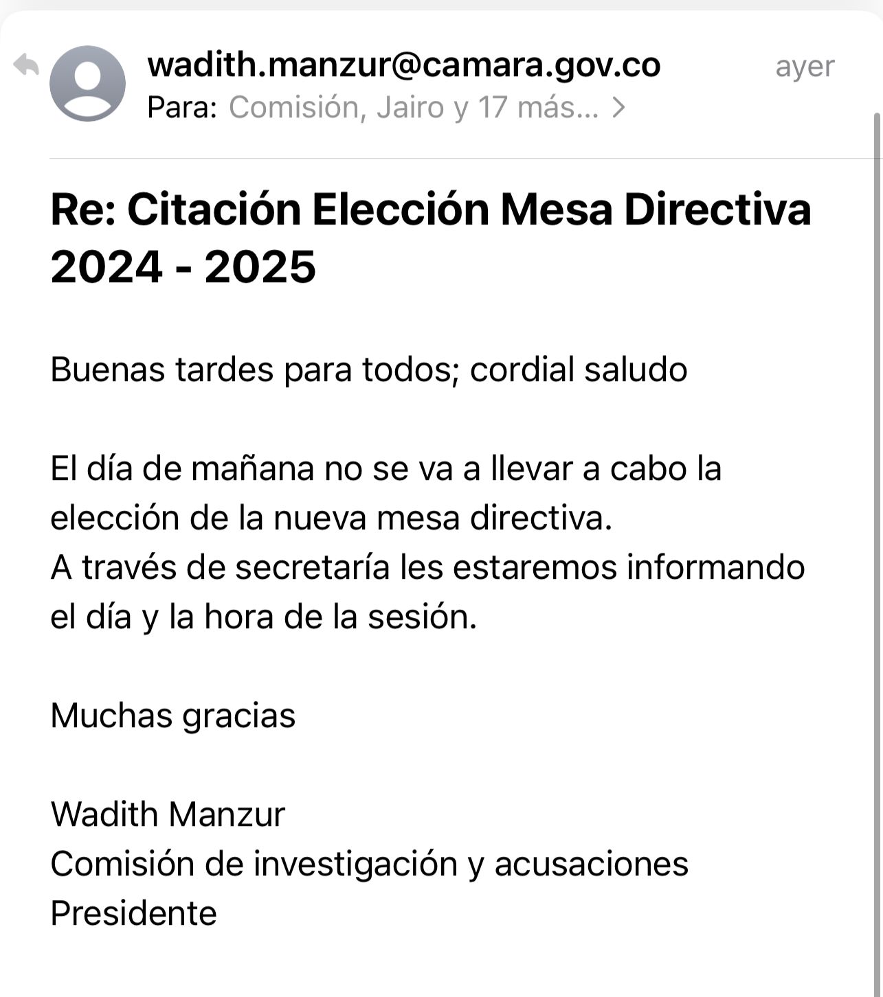 El presidente de la Comisión de Acusación, Wadith Manzur, informó la decisión de aplazar la votación.
