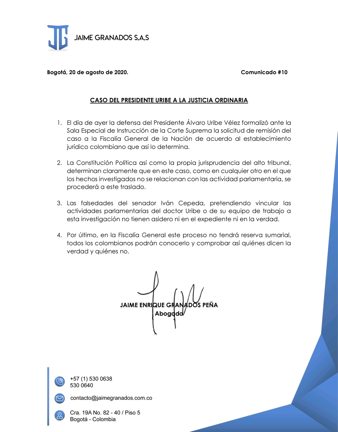 Defensa de Uribe pidió que el caso pase a la Fiscalía