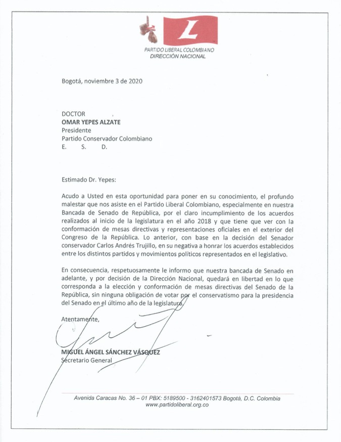 Carta enviada desde el Partido Liberal al Partido Conservador en donde anuncian su decisión de no acompañar la candidatura conservadora para la presidencia del Senado.