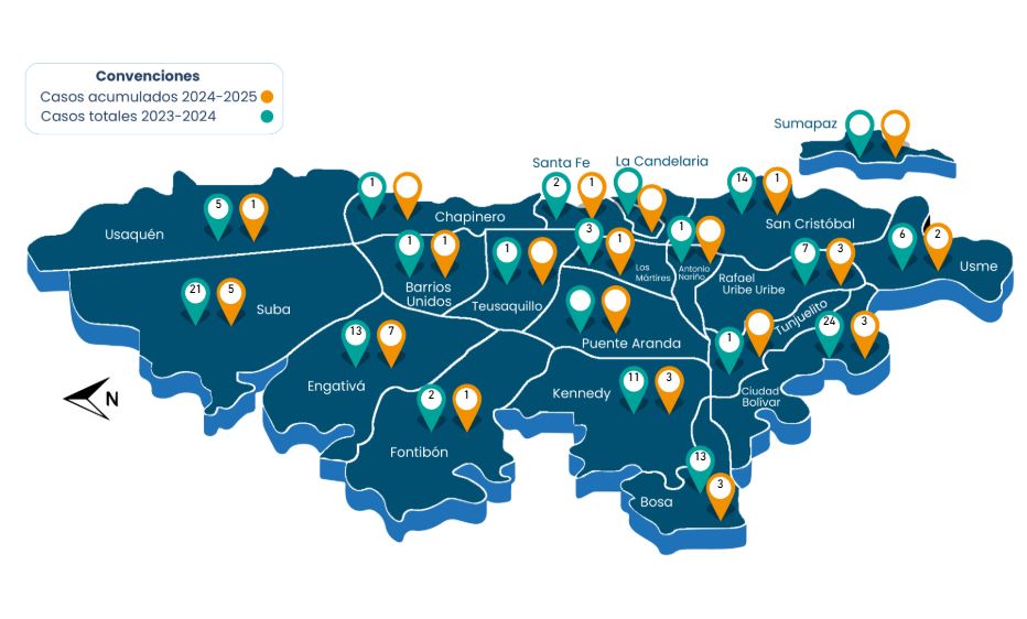 Mapa de quemados al 8 de diciembre en Bogotá. (El color amarillo corresponde a casos de este año, el azul al 2023).
