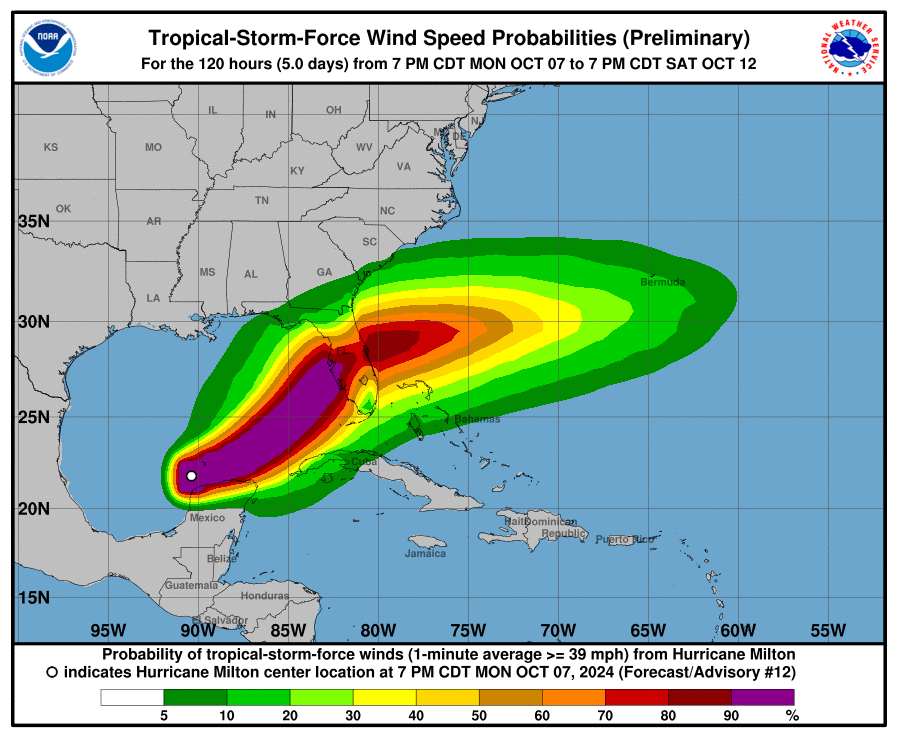 La trayectoria esperada del huracán Milton, que ya es categoría 5 y amenaza a Florida