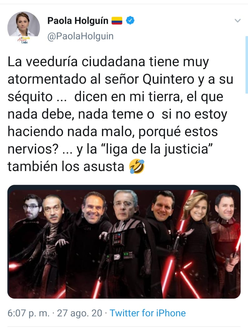 El trino en el que Paola Holguín comparte el montaje en el que compara a sus partidarios con Siths de Star Wars