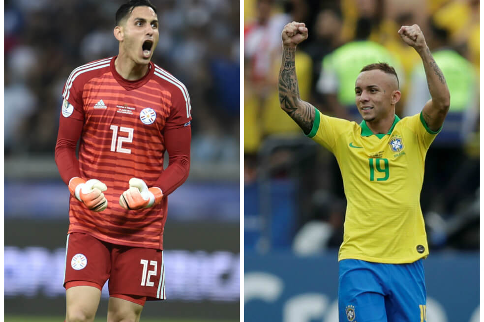 Roberto Júnior Fernández, arquero de Botafogo y la selección de Paraguay, y Everton Sousa, atacante de Gremio y del combinado de Brasil. / AFP y EFE