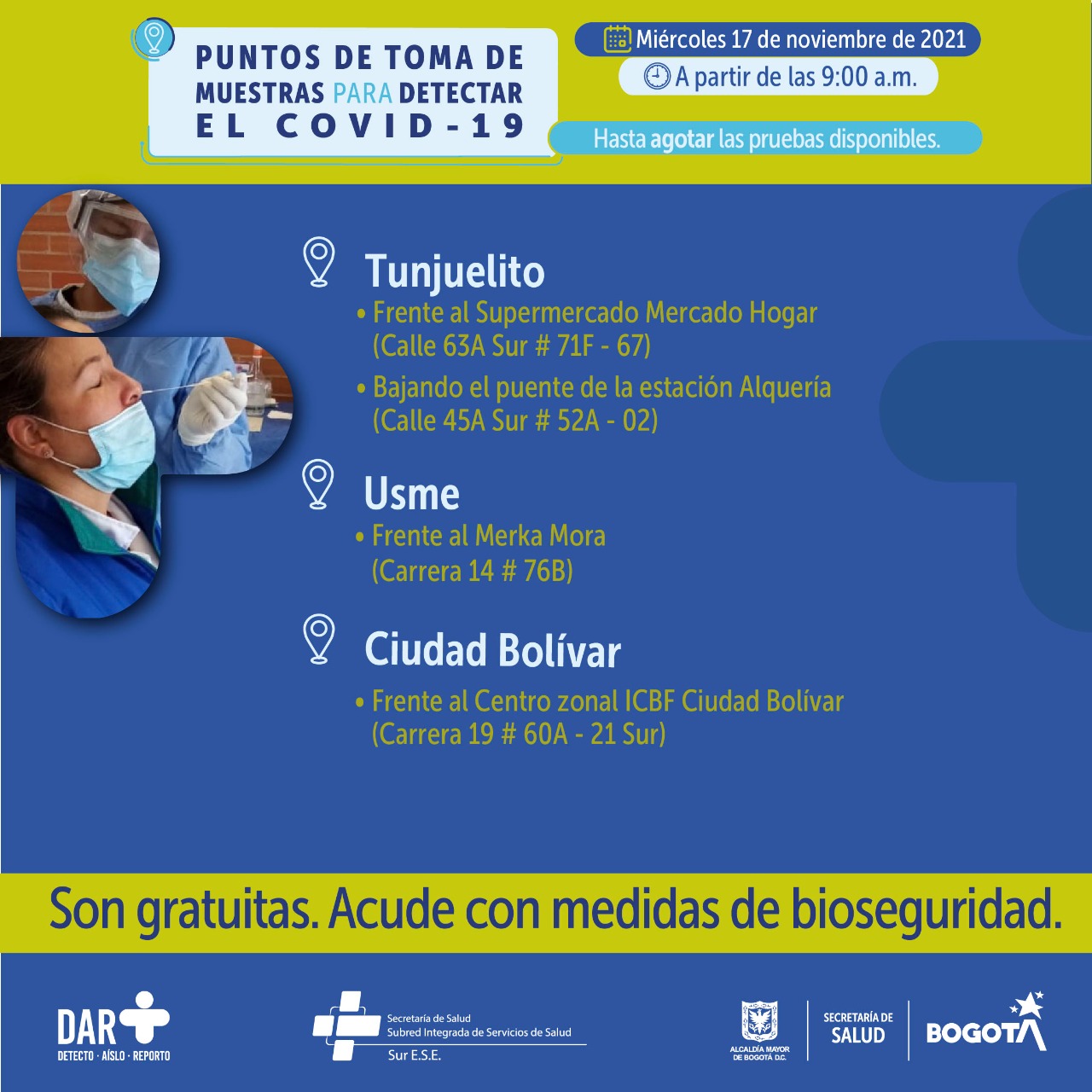 ¿Dónde hay pruebas gratuitas para COVID-19 este miércoles en Bogotá?