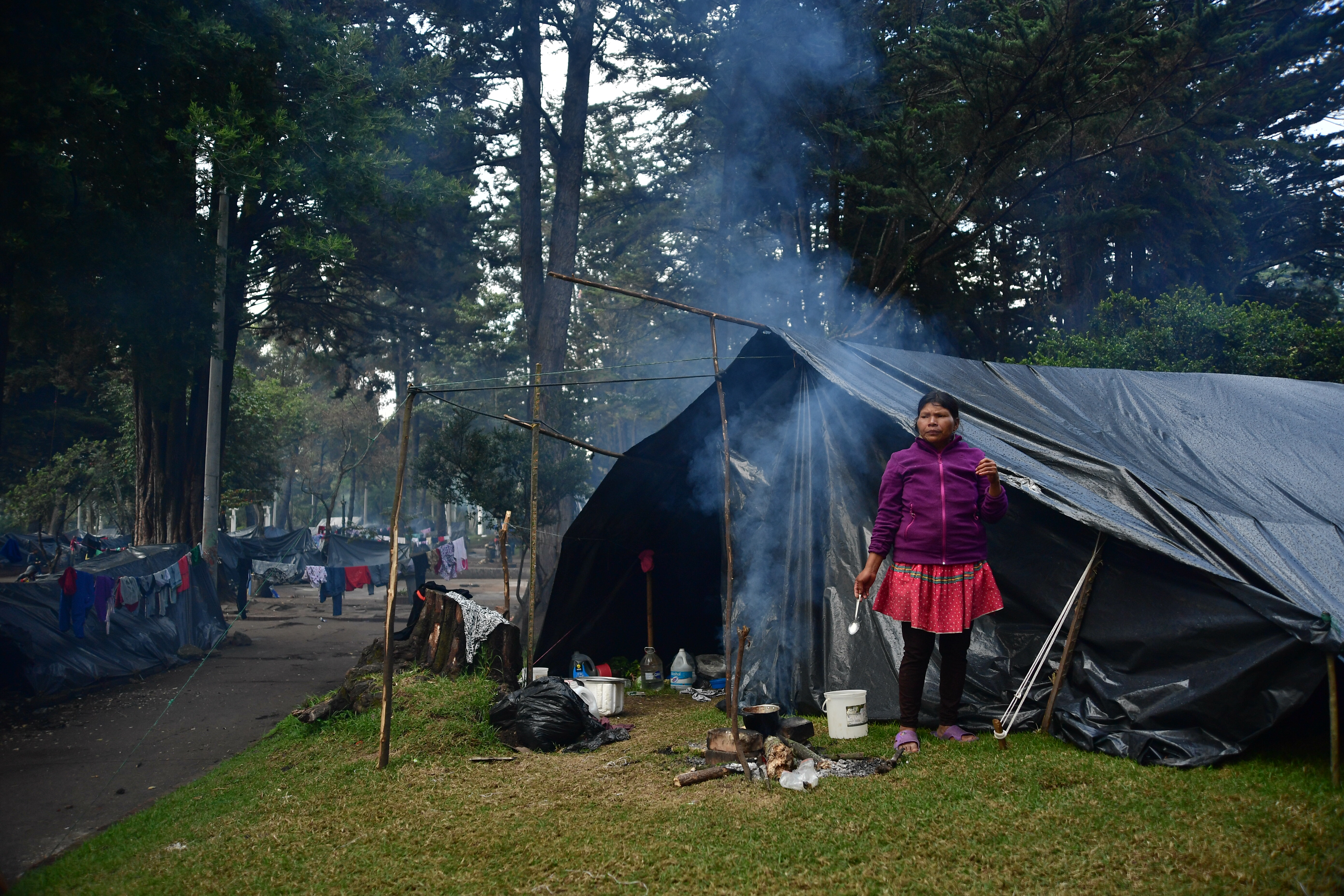 Indígenas han armado cambuches con plásticos en el Parque Nacional, al que llegaron el 29 de septiembre en su mayoría son niños, mujeres embarazadas y lactantes.