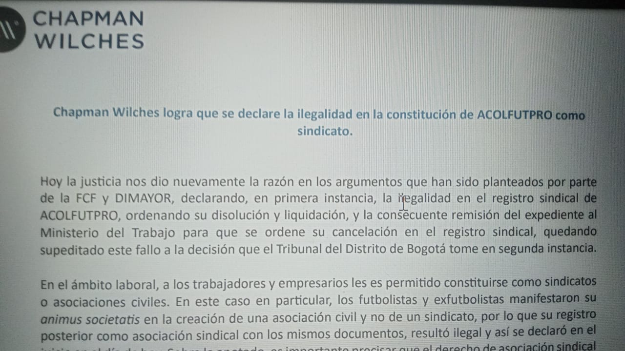 Comunicado de la firma Chapman Wilches, que representa a Colfútbol y a la Dimayor.