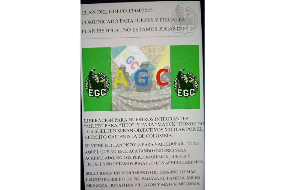 Panfleto del Clan del Golfo en contra de la Rama Judicial en Cesar.