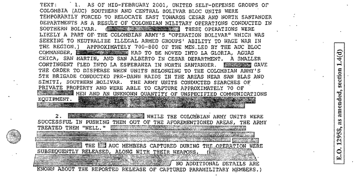 Documento de la CIA de 2001 que informa sobre colaboración del Ejército y los paramilitares en el sur de Bolívar.