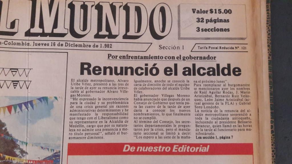 Quintero no es el primer alcalde de Medellín en renunciar, fue Uribe en 1982