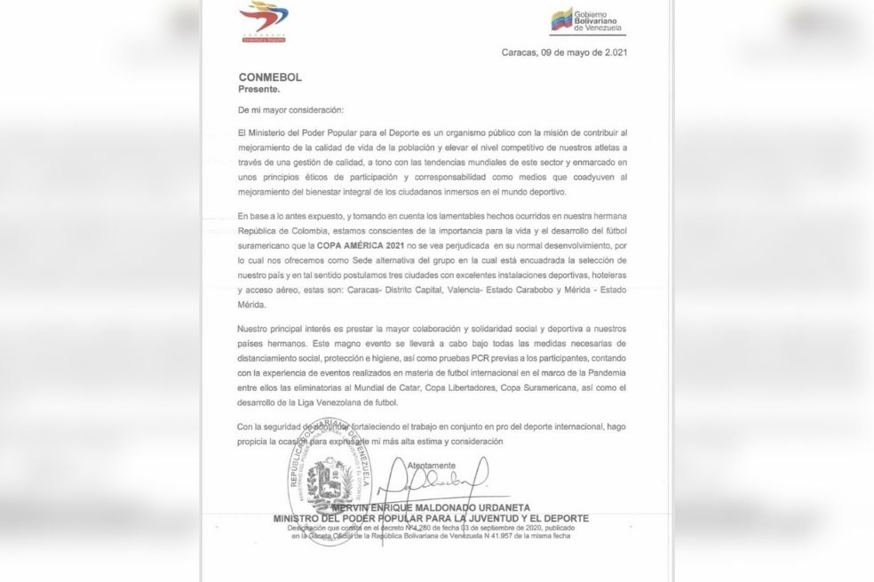 La carta del gobierno de Nicolás Maduro a la Conmebol.