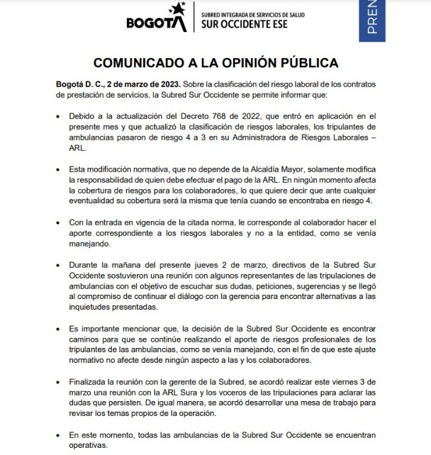 Comunicado de la Subred Sur Occidente.