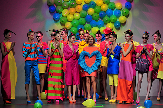 17 Sep 2011 --- (110917) -- MADRID, Sept. 17, 2011 (Xinhua) -- Models present creations by Spanish designer Agatha Ruiz De La Prada (C) during Cibeles Madrid Fashion Week Spring/Summer 2012 show in Madrid, capital of Spain, on Sept. 17, 2011. (Xinhua/Chen Haitong) (lr) | Location: Madrid.  --- Image by © Chen Haitong/Xinhua Press/Corbis