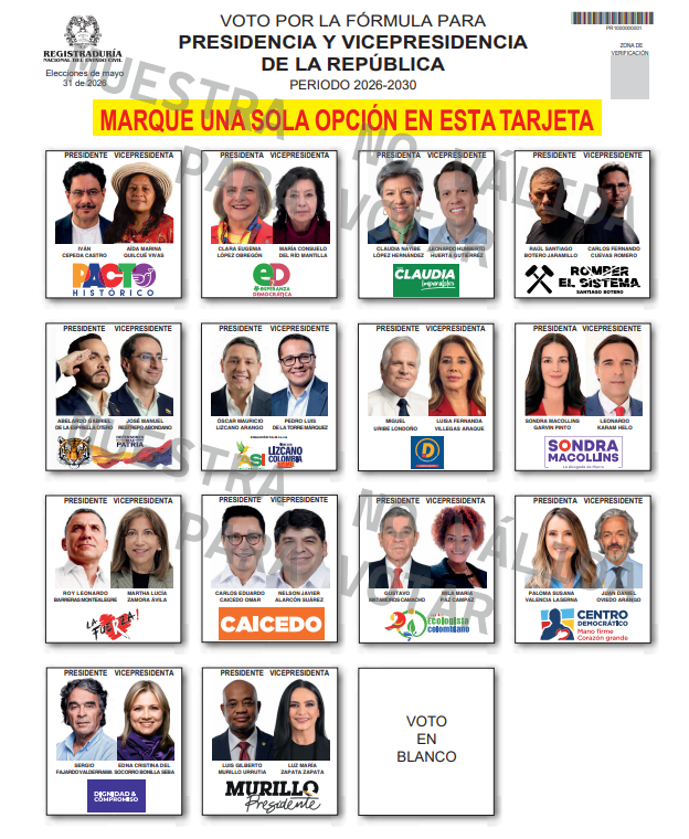 Este es el tarjetón presidencial de primera vuelta