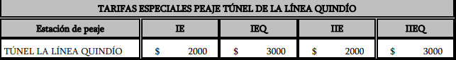 Tarifas especiales peaje Túnel de la línea Quindío.