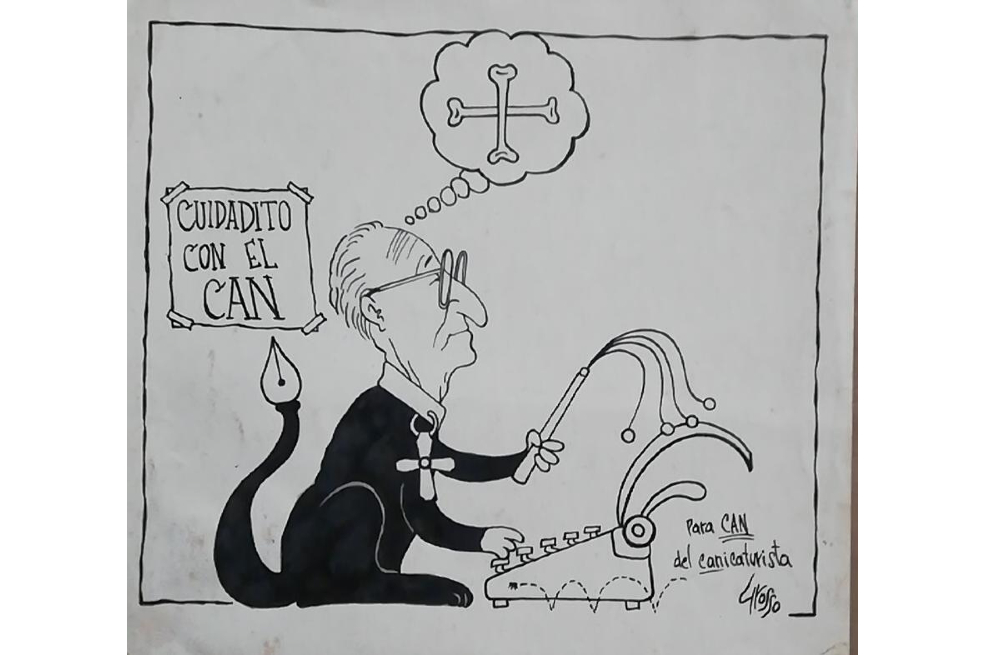 Imagen de una de las caricaturas realizadas por “Grosso”, caricaturista colombiano, en homenaje a “CAN”, Néstor Cardona Arcila, el fundador de “El Fuete” y quien estuvo bajo la dirección de el periódico hasta diciembre de 1983.