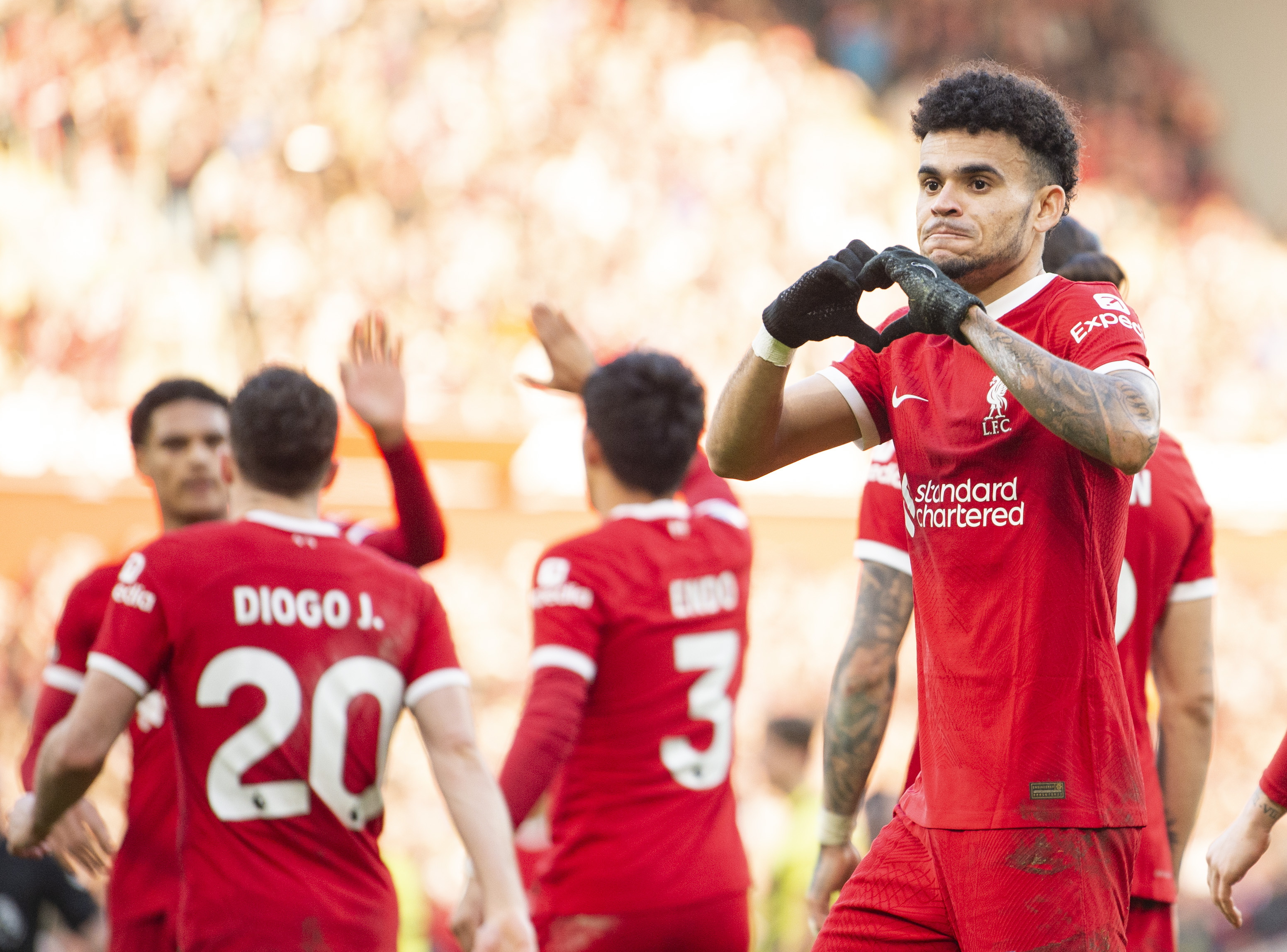 Liverpool (United Kingdom), 10/02/2024.- Luis Diaz of Liverpool celebrates after scoring the third goal during the English Premier League match between Liverpool and Burnley in Liverpool , Britain, 10 February 2024. (Reino Unido) EFE/EPA/PETER POWELL EDITORIAL USE ONLY. No use with unauthorized audio, video, data, fixture lists, club/league logos, 'live' services or NFTs. Online in-match use limited to 120 images, no video emulation. No use in betting, games or single club/league/player publications.