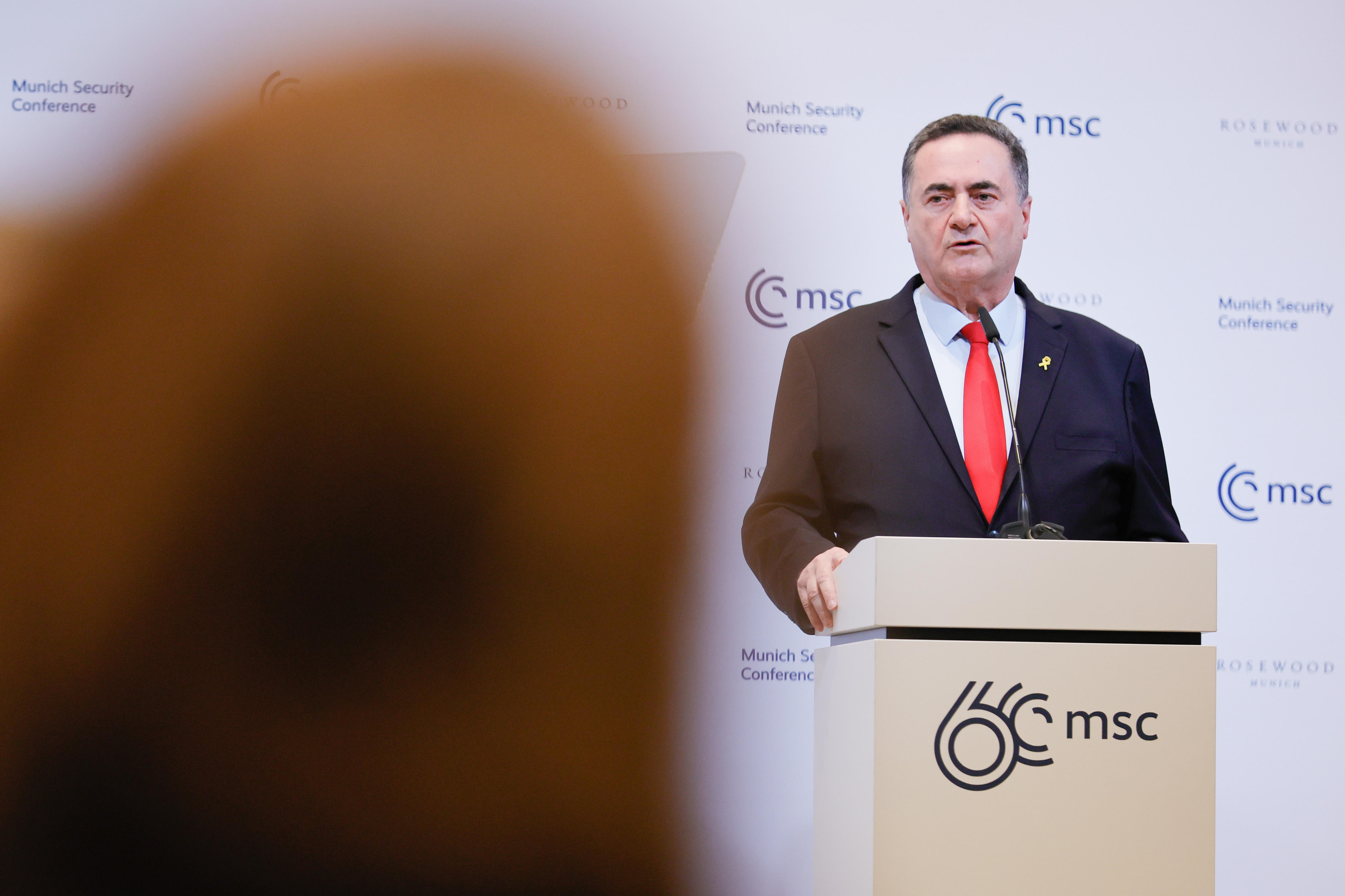 Munich (Germany), 16/02/2024.- Israeli Foreign Minister Israel Katz speaks during a press statement at a side event of the 60th Munich Security Conference (MSC), in Munich, Germany, 16 February 2024. More than 500 high-level international decision-makers meet at the 60th Munich Security Conference in Munich during their annual meeting from 16 to 18 February 2024 to discuss global security issues. (Alemania) EFE/EPA/RONALD WITTEK